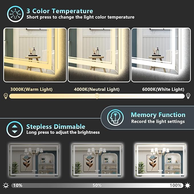 50x36 LED Bathroom Mirror with Lights, Backlit and Front Lit Anti-Fog Lighted