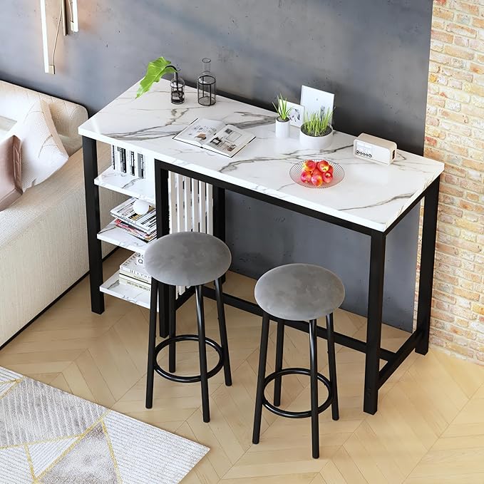 AWQM Bar Table Set with Storage Shelves, 47" Modern White Faux Marble Breakfast Table with 2 Velvet Stools, 3-Piece Dining Set for 2, Space Saving Table for Kitchen/Dining Room/Living Room/Studio