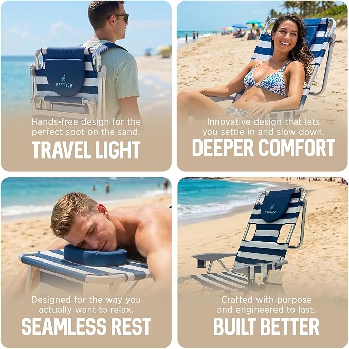 Ostrich the Backpack 3N1 Portable Chair with Cooler Bag and Reclining Lounger for Tanning, Camping, Beach, and Outdoor Essential, Blue Stripe