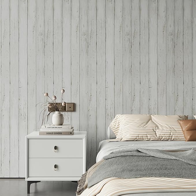 Abyssaly Peel and Stick Wallpaper 17.7" X 118" Thickened White Gray Wood