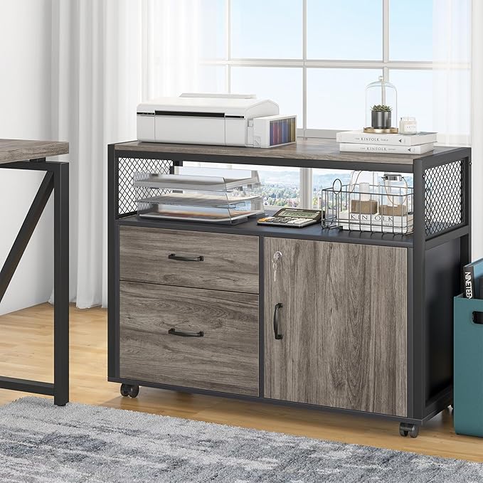 Tribesigns Grey Executive Desk with Cabinet, 55" L Shaped Computer Desk and lateral File Cabinet with Locks, 2 Piece Home Office Furniture Set for Hanging (Gray, 55 inches)