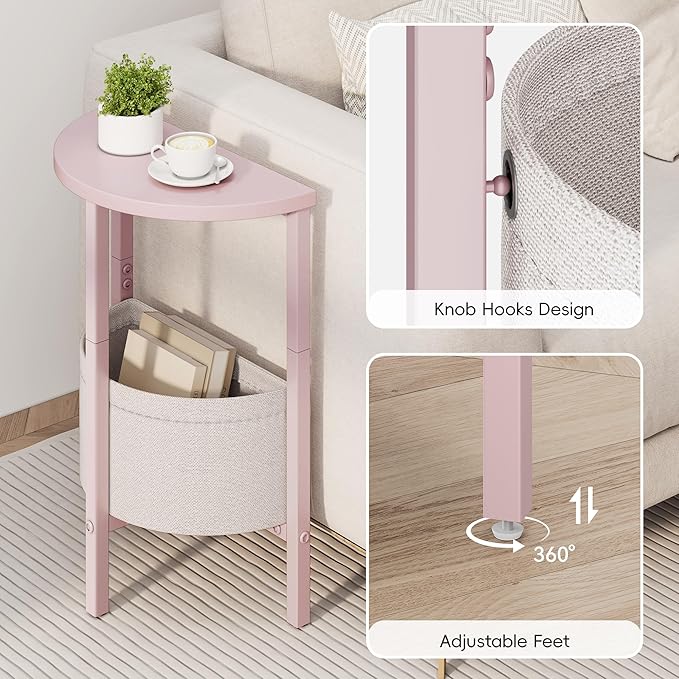 Vagusicc Small Round Side Table, Accent End Table with Storage Basket, Set of 2 Half Round Coffee Table End Table, Half Moon Bedside Table, Modern Nightstand Couch Table for Living Room Bedroom, Pink