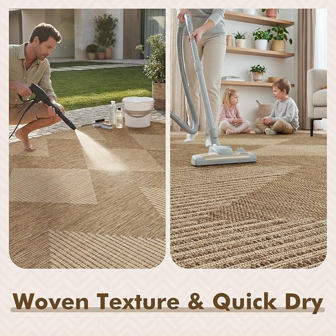 MontVoo-Outdoor Rug Carpet Patio Rug 8x10 Polypropylene Indoor Outdoor Rugs for Patio Deck Balcony Porch, Textured Weave, Durable for High Traffic, Fade-Resistant, Boho Geometric Neutral Brown