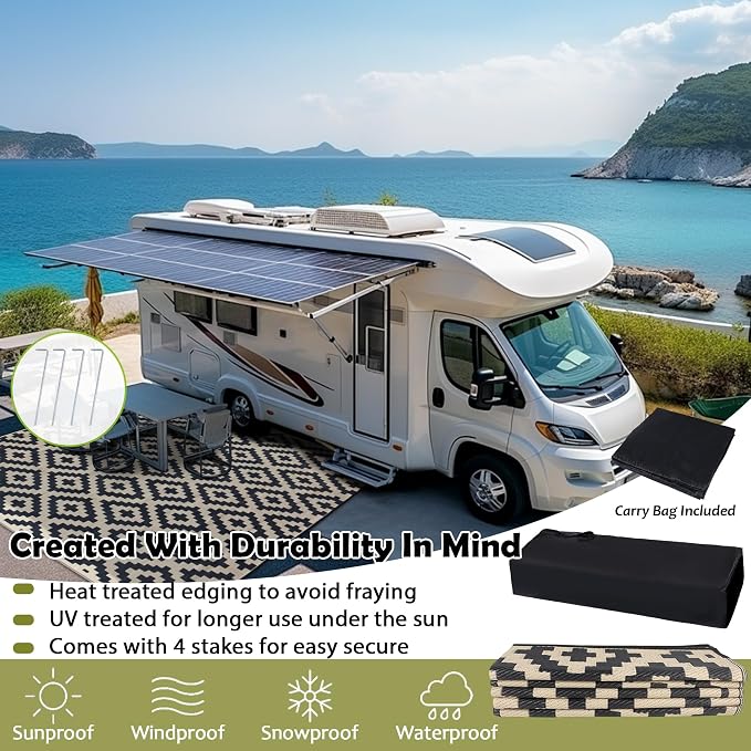 SAND MINE Reversible Mats, Plastic Straw Rug, Modern Area Rug, Large Floor Mat and Rug for Outdoors, RV, Patio, Backyard, Deck, Picnic, Beach, Trailer, Camping (10' x 10', Black & Beige Lattice)
