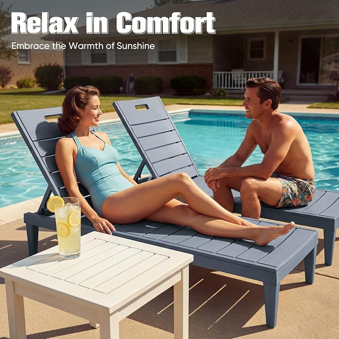 Devoko Outdoor Chaise Lounge Chair Set of 2 with 5-Position Adjustable Back, Waterproof & Lightweight PP Lounge Chairs for Outside Pool Patio (Light Grey)