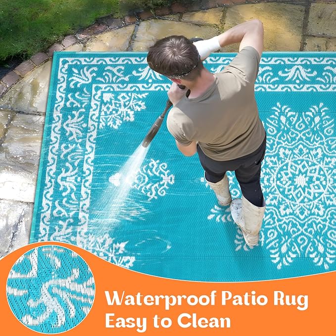 Yamaziot Outdoor Rug 6x9 Ft, Waterproof Plastic Straw Patio Rug, Reversible Backyard Carpet UV Resistant Portable RV Mat Clearance, Large Indoor Outdoor Rug for Patio, Porch, Deck, Balcony, Teal