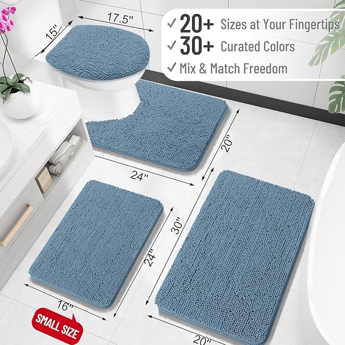 OLANLY Bathroom Rugs 30x18, Extra Soft Absorbent Chenille Bath Rugs, Rubber Backing Quick Dry, Machine Washable Bath Mats for Bathroom Floor, Tub and Shower, Home Decor Accessories, Airy Blue
