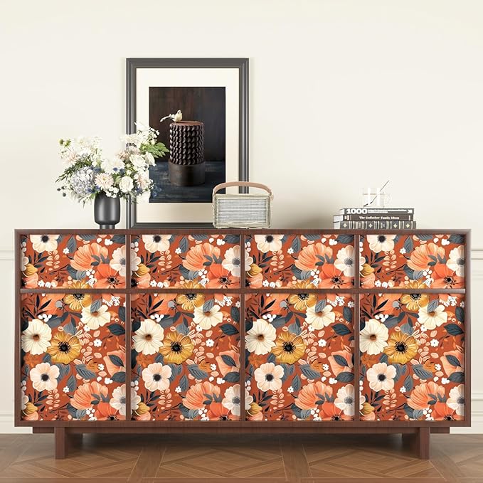 BOKEBEVE Orange Wallpaper Peel and Stick Retro Floral Contact Paper Self