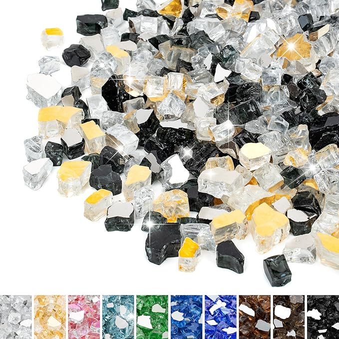 Mr. Fireglass 10 Pounds Blended Reflective Fire Glass, 1/4 Inch Fire Pit Glass for Propane Fire Pit Fireplace and Landscaping, Glass Rocks for Outdoor and Indoor Use, Gold, Onyx Black, Platinum