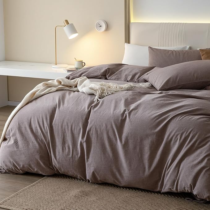 JIYUAN 100% Washed Cotton Duvet Cover Set 3 Pieces Full, 1 Duvet Cover 80x90 Inches(Comforter Not Included) and 2 Pillowcases,Linen Feel Bedding Set Comfy and Breathable, Heathered Mauve Brown
