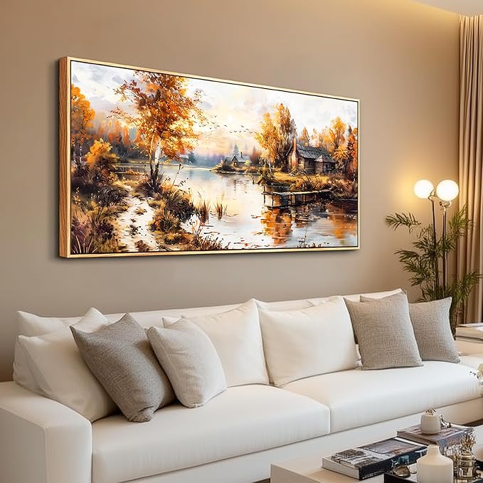 QIYILEXWART Canvas Wall Art For Living Room Wall Decor For Bedroom Office Wall Decoration Lakeside Cabins Autumn Landscape Painting Farmhouse Pictures Artwork Room Aesthetic Home Decor 20x40 In