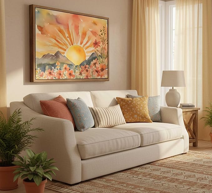 Framed Boho Sun Canvas Wall art Mid-Century Modern Abstract Bohemian Sunset in