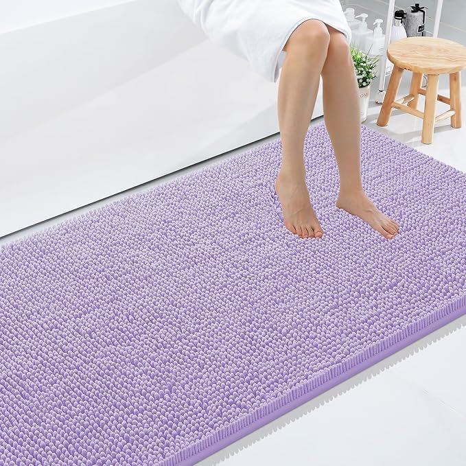 Smiry Luxury Chenille Bathroom Rugs 59x35, Extra Soft and Absorbent Shaggy Bath Mat, Machine Washable, Non-Slip Plush Carpet Runner for Tub, Shower, and Floor, Home Decor Accessories, Purple