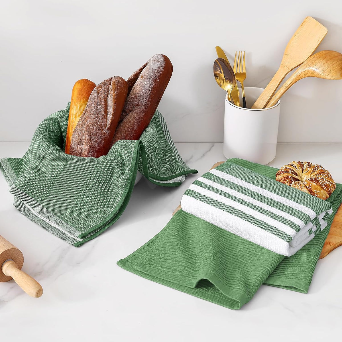 Homaxy Premium Kitchen Towels(18”x 28”, 6 Pack), Large Cotton 380 GSM Kitchen Hand Towels, Soft and Absorbent Terry Dish Towels, Multipurpose Tea Towel Set with Hanging Loop, Grass Green