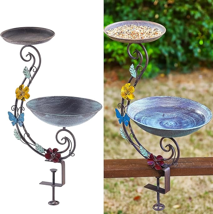 Bird Bath for Deck Railing, 2 in 1 Deck Mounted Balcony Bird Feeder and Bath for Outside with Heavy Duty Clamp, Outdoor Metal Birdbaths for Garden Yard Decor