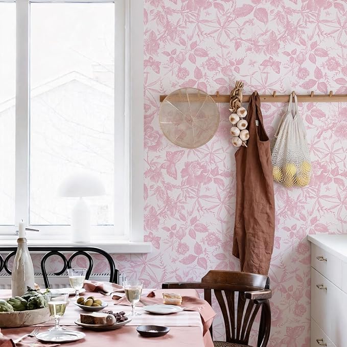 JiffDiff Floral Vintage Wallpaper Peel and Stick，Pink Rose Wallpaper Removable