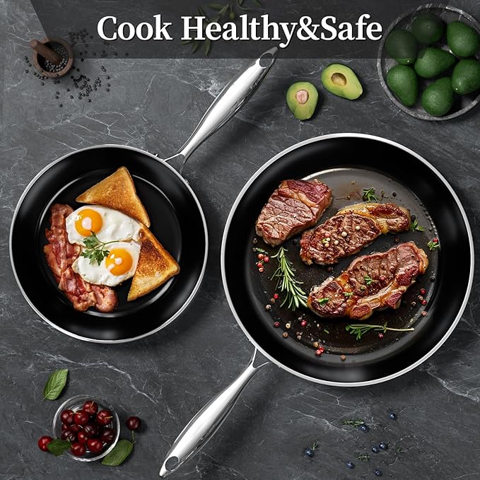 Stainless Steel Frying Pan with Lid 8.6 inch Titanium Ceramic Nonstick Frying Pan,Skillet with Stay-Cool Handle Non Toxic Healthy Ceramics Egg Pans,PFAS PFOA PTFE Free,Suitable for All Stove