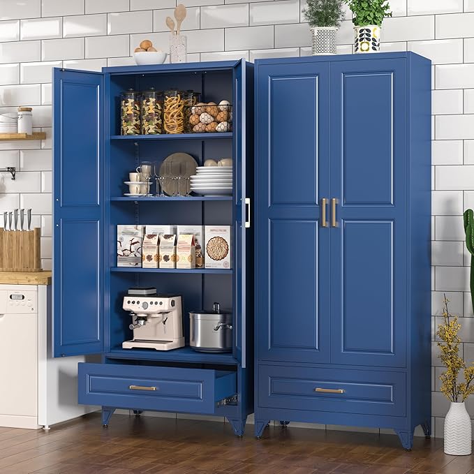 Metal Storage Cabinet,75" Tall Kitchen Pantry Storage Cabinet with Doors and Adjustable Shelves, Blue Metal Pantry Cabinets with Drawer, Large Cupboard for Kitchen, Dining Living Room