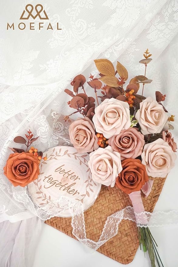 25Pcs 3 Inch Artificial Foam Roses, Terracotta Sunset Palette with Burnt Orange & Nude Shades, Realistic Flowers for DIY Boho Wedding Bouquets, Centerpieces, Fall Decor