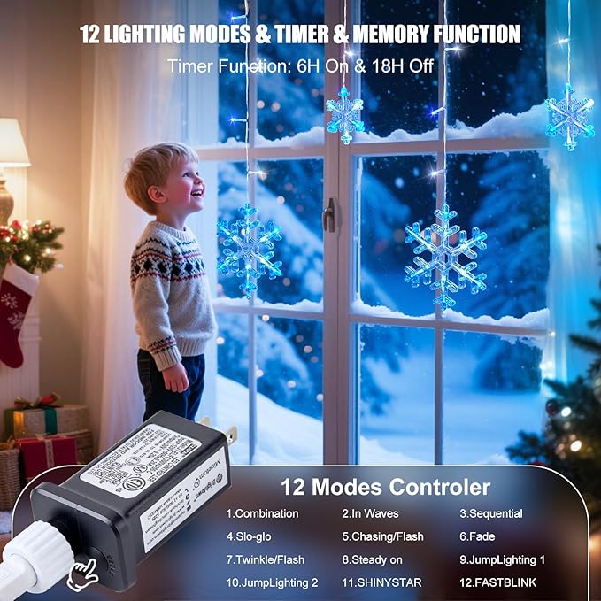 Minetom Christmas Snowflake Lights - 13ft 192LED Snowflake Icicle Lights with 16 Drops, 12 Modes and Timer, IP65 Waterproof Connectable Christmas Light for House Eave Window Indoor Outdoor Decoration