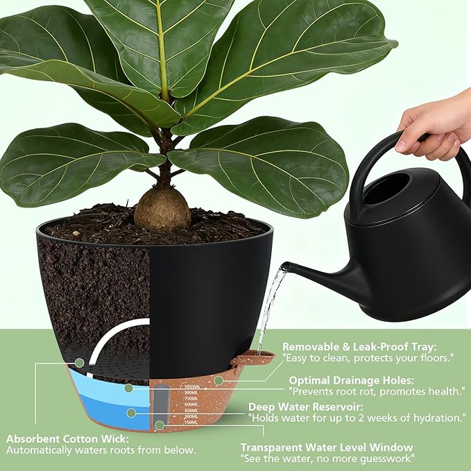 Self Watering Planters Set with Water Level Indicator, 12" 10" 9" 8" Large Plastic Flower Pots with Mesh Drainage Hole and Removable Saucer Reservoir for Indoor Outdoor Plants 4pcs （Black
