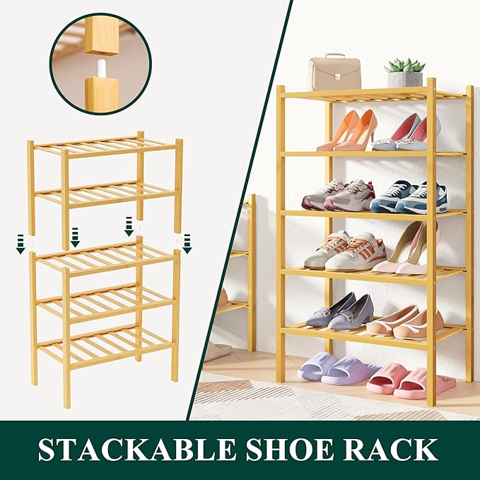 Smiry Bamboo Shoe Rack for Closet, 2 Tier Small Wooden Stackable Shoe Organizer, Free Standing Shoes Storage Shelf for Entryway, Front Door Entrance, Natural