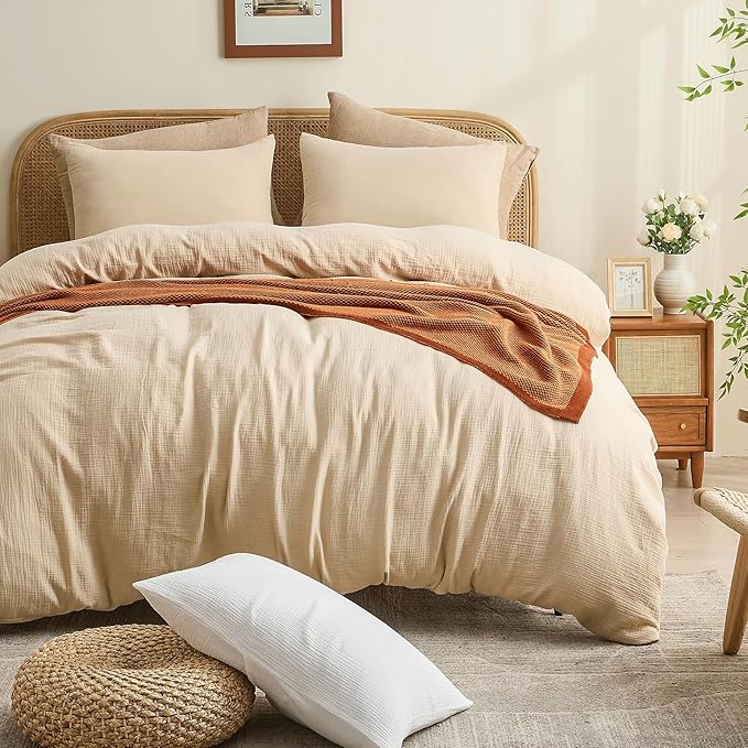 MEISHANG Muslin Duvet Cover King Size - 100% Organic Cotton, Soft Textured Gauze Weave Comforter Cover for Breathable All-Season with Zipper Closure - 3 Piece Set (King, Linen)