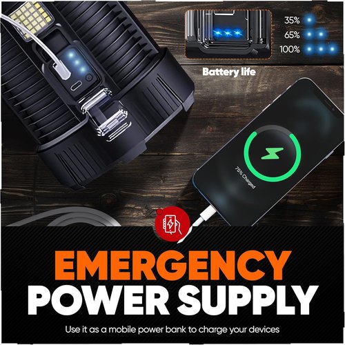 High-Intensity Spot Light - Durable Rechargeable Ultrabright Spotlight Flashlight Handheld Floodlight - Ideal for Outdoor, Emergency, Survival and Home Use. Solar Recharge Enabled, Power Bank Built In