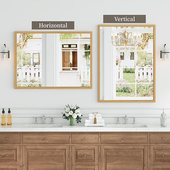 Syndra Natural Wood Frame Bathroom Mirror, 30x40'' Modern Vanity Mirror