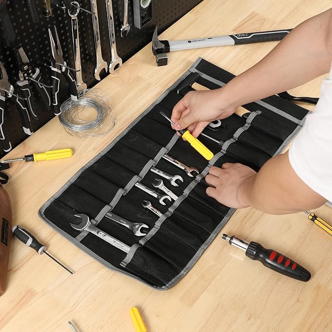 Wrench Roll Up Pouch (20 Slots), Portable Carry On Pouch Workshop Storage Woodworking Tools Organizer Bag Waxed Canvas Tool Roll & Black