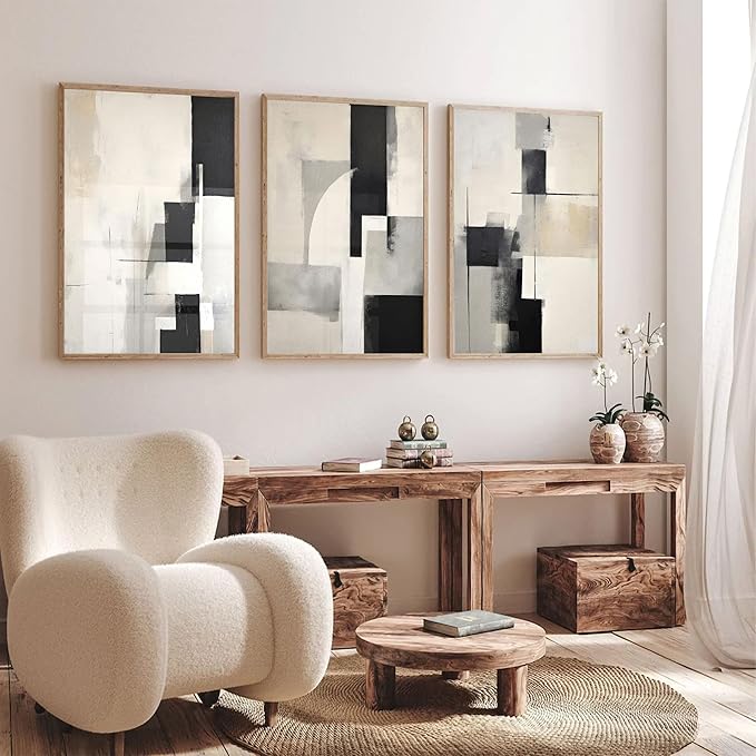 3Pcs Neutral Abstract Canvas Wall Art Pictures Modern Minimalist Posters Prints Beige Black Simple Wall Decoration for Living Room Bedroom Bathroom Office 12x16in Unframed