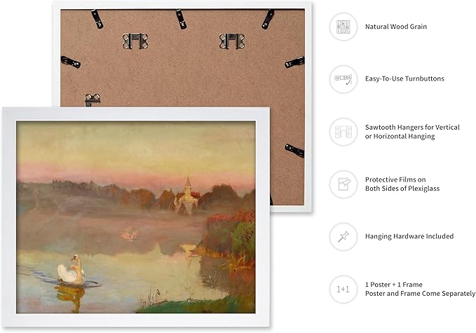 Poster Master Vintage Pond in Radziejowice Poster - Retro Swan Print - Lake Art - Landscape Art - Farmhouse Art - Animal Lover Art - Aesthetic Living Room or Office Decor, 11x14 White Framed