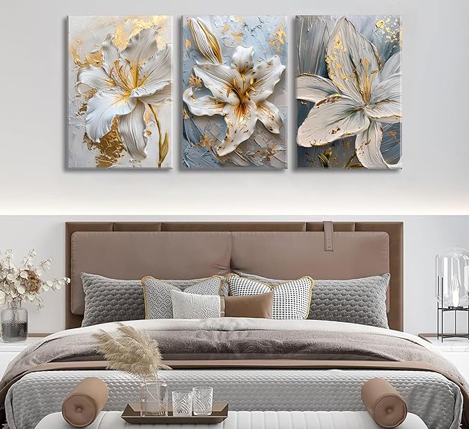 3Pcs Abstract Golden White Flower Canvas Wall Art Boho Gold Foil Blossom Oil Painting 2D Plane Textured Floral Wall Decor Nordic lily Posters Prints for Living Room Bedroom Office Pictures Framed