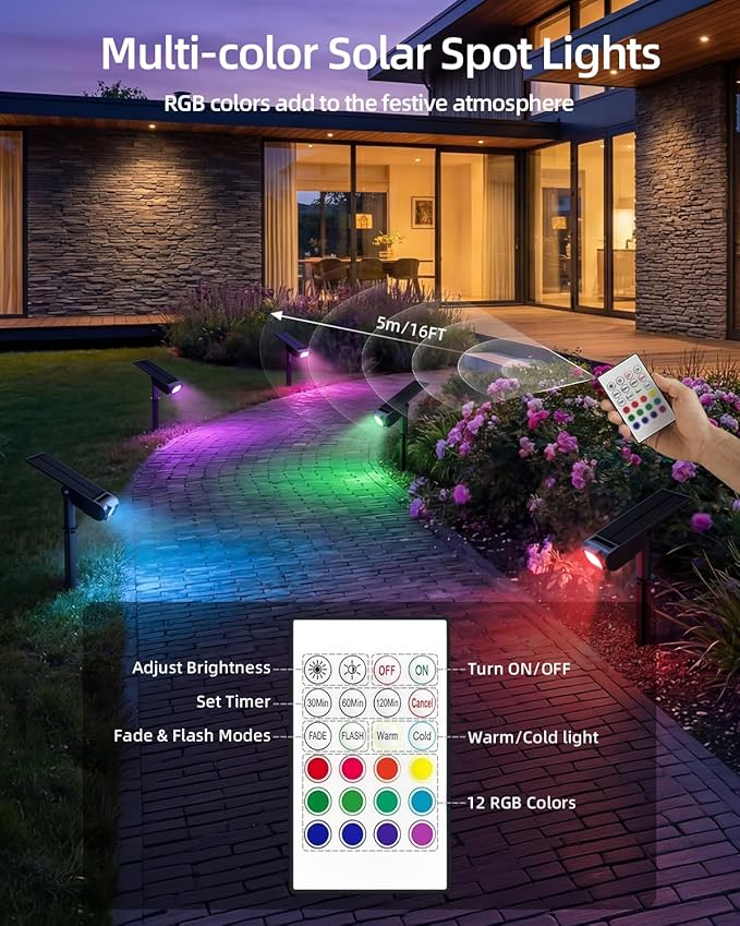 EZVALO Solar Spot Lights Outdoor with Remote, Solar Spotlights Waterproof IP67, 3 Color Temps & RGB Color Changing Solar Lights for Outdoor Yard Garden Plant Trees Pathway (4 Pack)