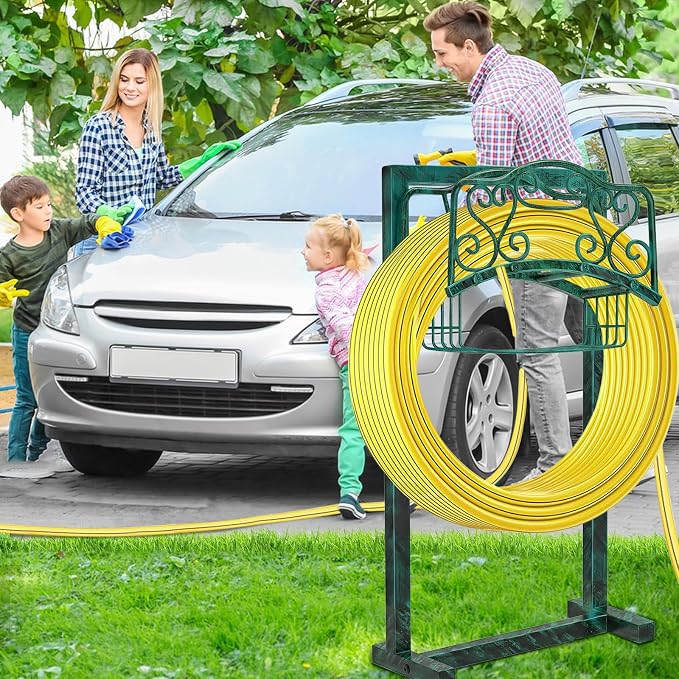 Garden Hose Holder for Outside - Upgraded Water Hose Holder Holds with Storage Basket, Heavy Duty Metal Freestanding Garden Hose Storage Reel Rack for Outdoor Yard Lawn (Green)