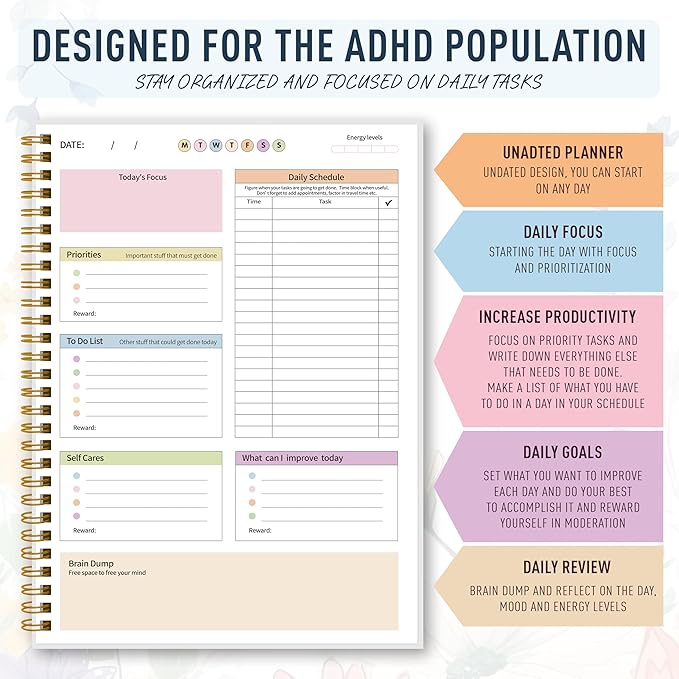 ADHD Daily Planner - Productivity & Undated Task Management Organizer for Neurodivergent Adults, Focused Planner for Men & Women - B5 Colorful Flowers