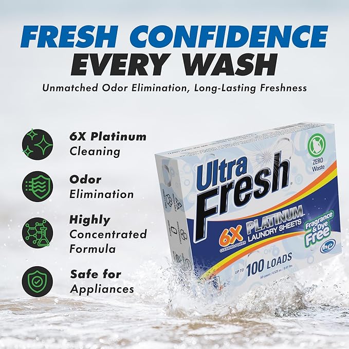 Ultra Fresh 50 Count Laundry Detergent Sheets for All Machine Types, 6X Platinum, Up to 100 Loads, Fragrance Free and Dye Free