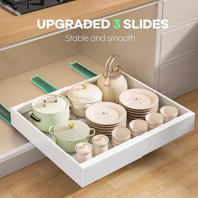 2 Pack Pull out Cabinet Organizer 21"Deep With Raising Pad for Framed Cabinets, Expandable Slide out Drawers for Kitchen Cabinets with 4pcs Divider Racks, Roll out Shelves 12.1"-20.4" W White