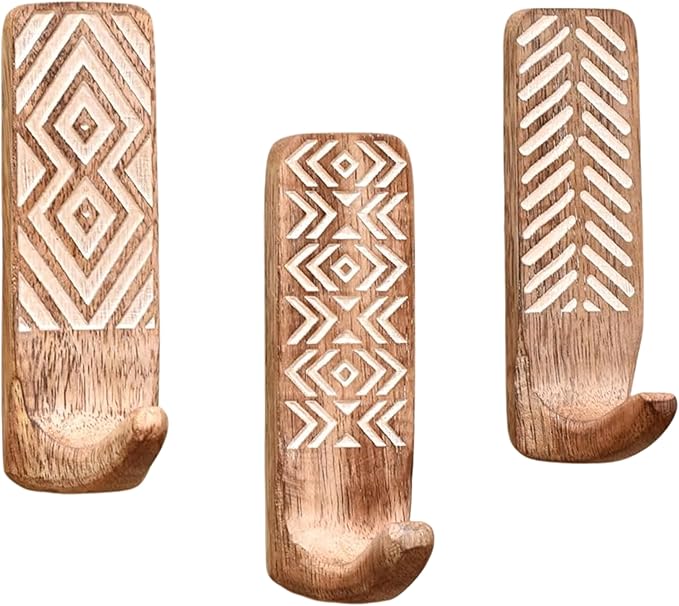 Indian Shelf 10 LB Decorative Wood Adhesive Wall Hooks–Boho Peel and Stick Hooks