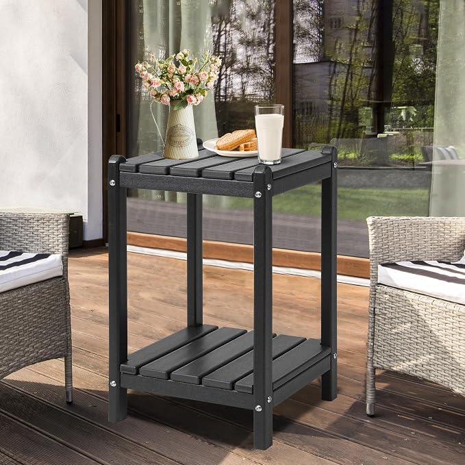 LZRS 24" Double Adirondack Outdoor Side Table, Pool Composite Patio Table,HDPE End Tables for Backyard,Pool, Indoor Companion, Easy Maintenance & Weather Resistant(Black)