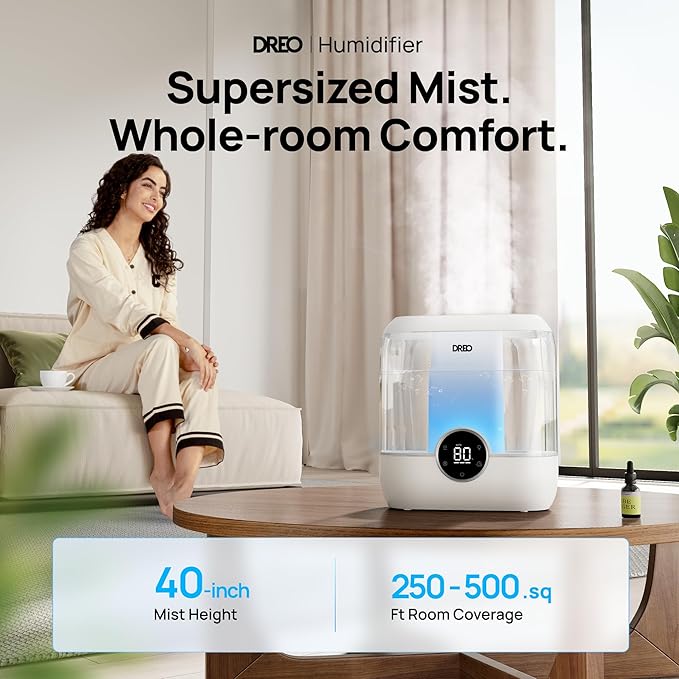Dreo Smart Humidifiers for Bedroom, 6L Top Fill Supersized Cool Mist Humidifier for Large Room, 60 Hour Runtime, Quiet Ultrasonic Humidifiers for Plants, Baby, Indoor, Home, Night Light, White