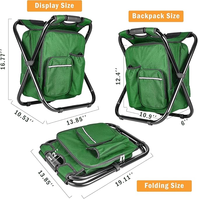 Kikerike Portable Stool Backpack Cooler Chair 300 LBS Max Load Folding Fishing Cooler Backpack Stool for Outdoors Hiking Beach Travel - Army Green