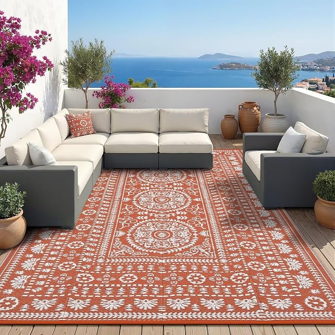 Garvee Reversible Outdoor Rug 6x9 for Patio, Waterproof Outdoor Area Rug, Modern Medallion Indoor Outdoor Rugs, Plastic Straw Rug for RV, Camping, Deck, Vintage Terracotta