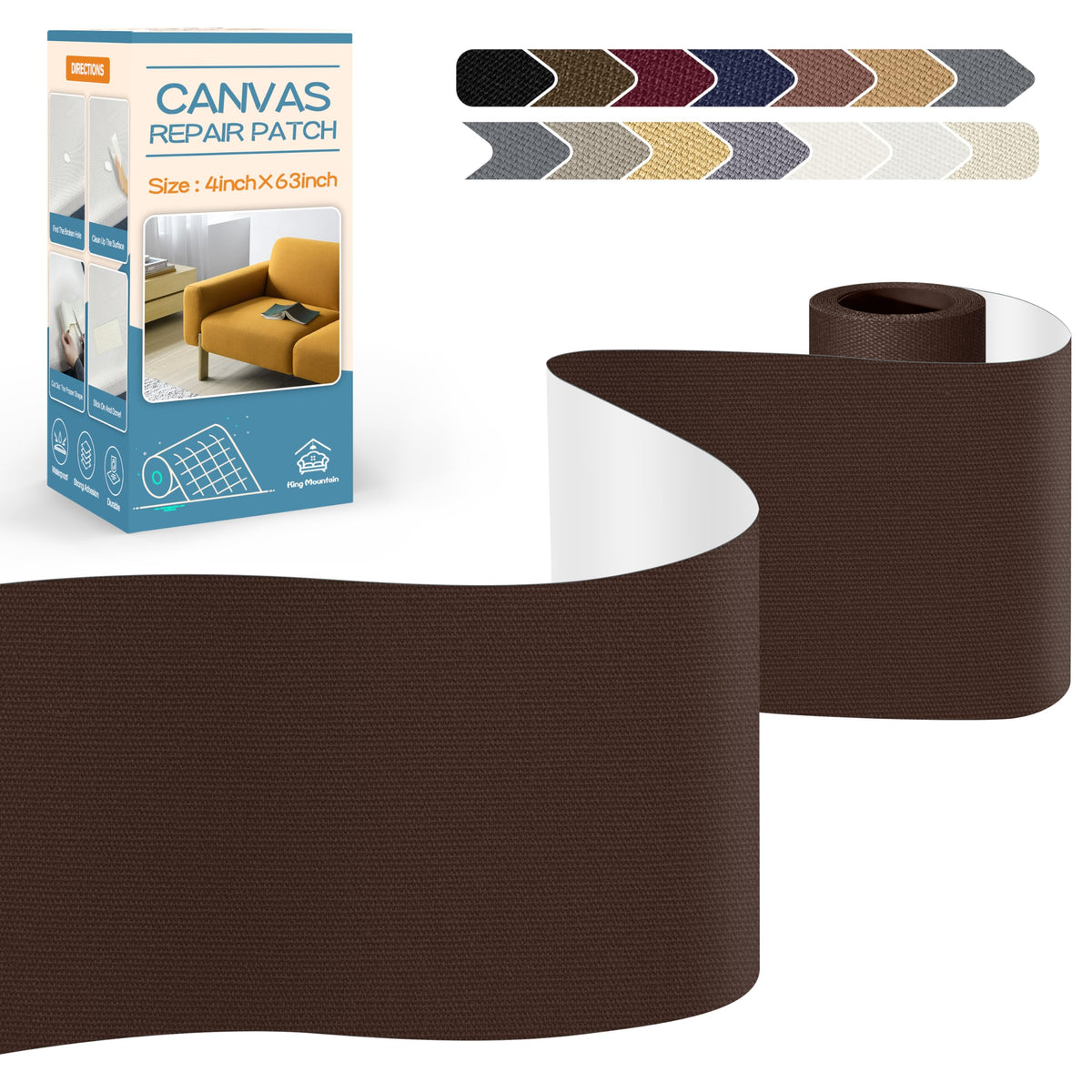KING MOUNTAIN Canvas Repair Tape,Outdoor Gear Patch, 4×63 Inches,Waterproof,Self-Adhesive for Repairing Boat Covers,Sun Shades,Sofas,Tents,Lounge Chairs,Awnings (Coffee)