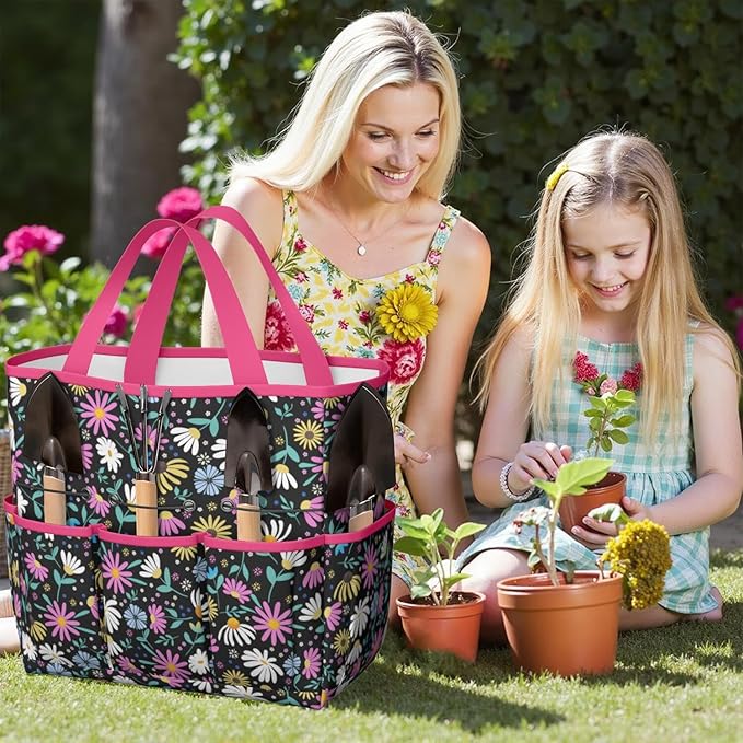 Floral Garden Tool Bag - Waterproof Garden Tote with 8 Pockets, Large Storage Home Organizer Gardening Tool Oxford Bag for Garden Tools Kits Holder, Ideal Outdoor Gardening Gift for Women & Men