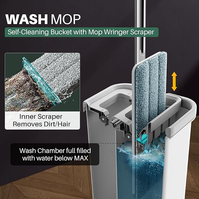 JOYMOOP Mop and Bucket with Wringer Set, Hands Free Flat Floor Mop and Bucket, 60" Mop with 5 Reusable Microfiber Pads, Wet and Dry Use, Floor Cleaning System