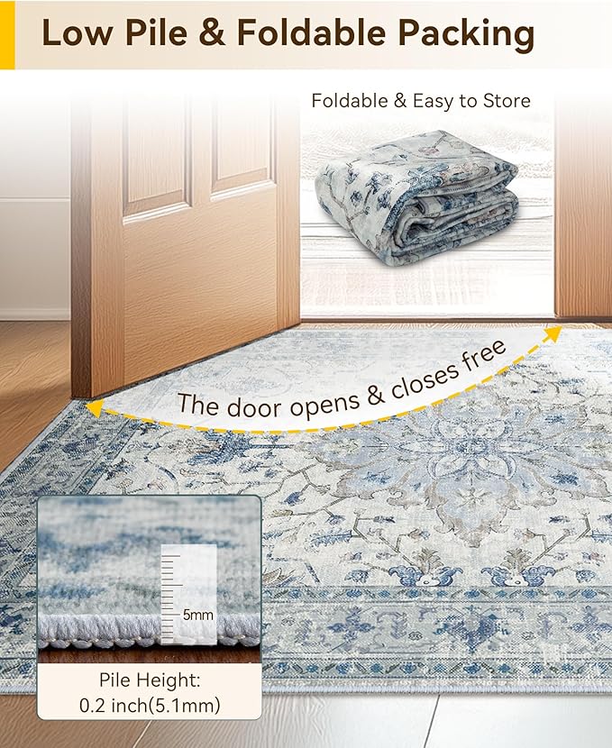 Area Rugs 3'x6' Runner Rug Non Slip Washable for Kitchen Hallway Bedroom Beside Laundry Room Bathroom Rug, Floor Carpet, Light Blue Navy Beige Gray White