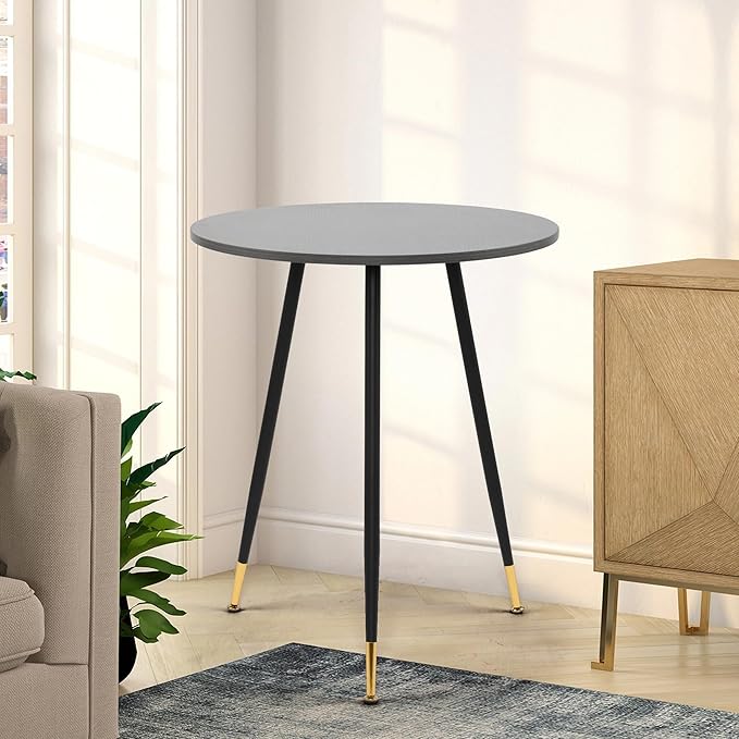 NOBPEINT Round Modern Wooden Side Table, 28 Inches End Table with 3 Metal Legs (Grey)