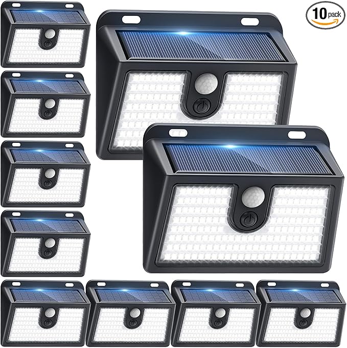 [10 Packs] Solar Motion Sensor Outdoor Lights, Super Bright Solar Lights Outdoor Waterproof, 3 Lighting Modes Security Wall Light for Outside Walking Dog Fence Backyard Deck Garden Door Step Garage