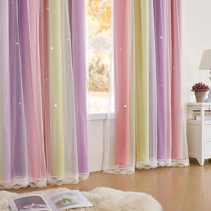 XiDi Curtains for Bedroom Decor, Rainbow Pink PurpleYellow34/54/1